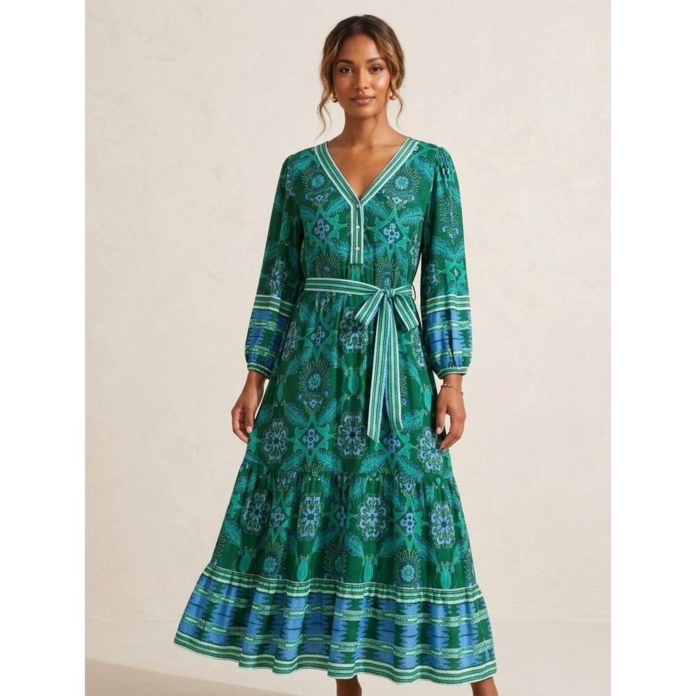 Celina Moon Woodland Print Long Sleeve Maxi Dress Kelly Green Size XL